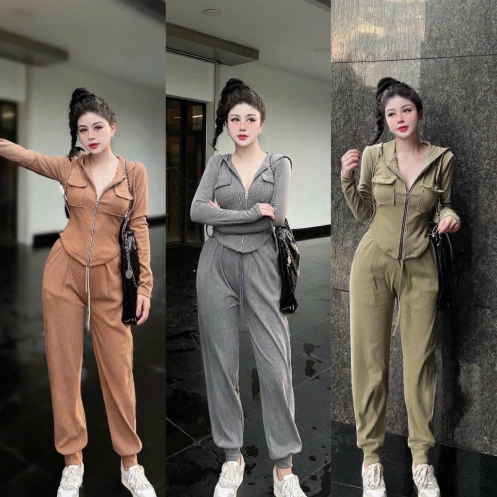 Set bộ thể thao nữ áo tay dài khóa kéo có mũ sang chảnh mix quần dài ống ôm mẫu hotren 2023