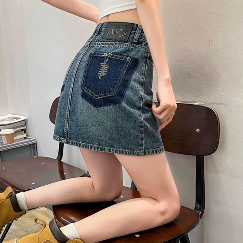 Chân Váy Jean Nữ Cạp Cao Túi Mix Màu Đậm Nhạt CV63