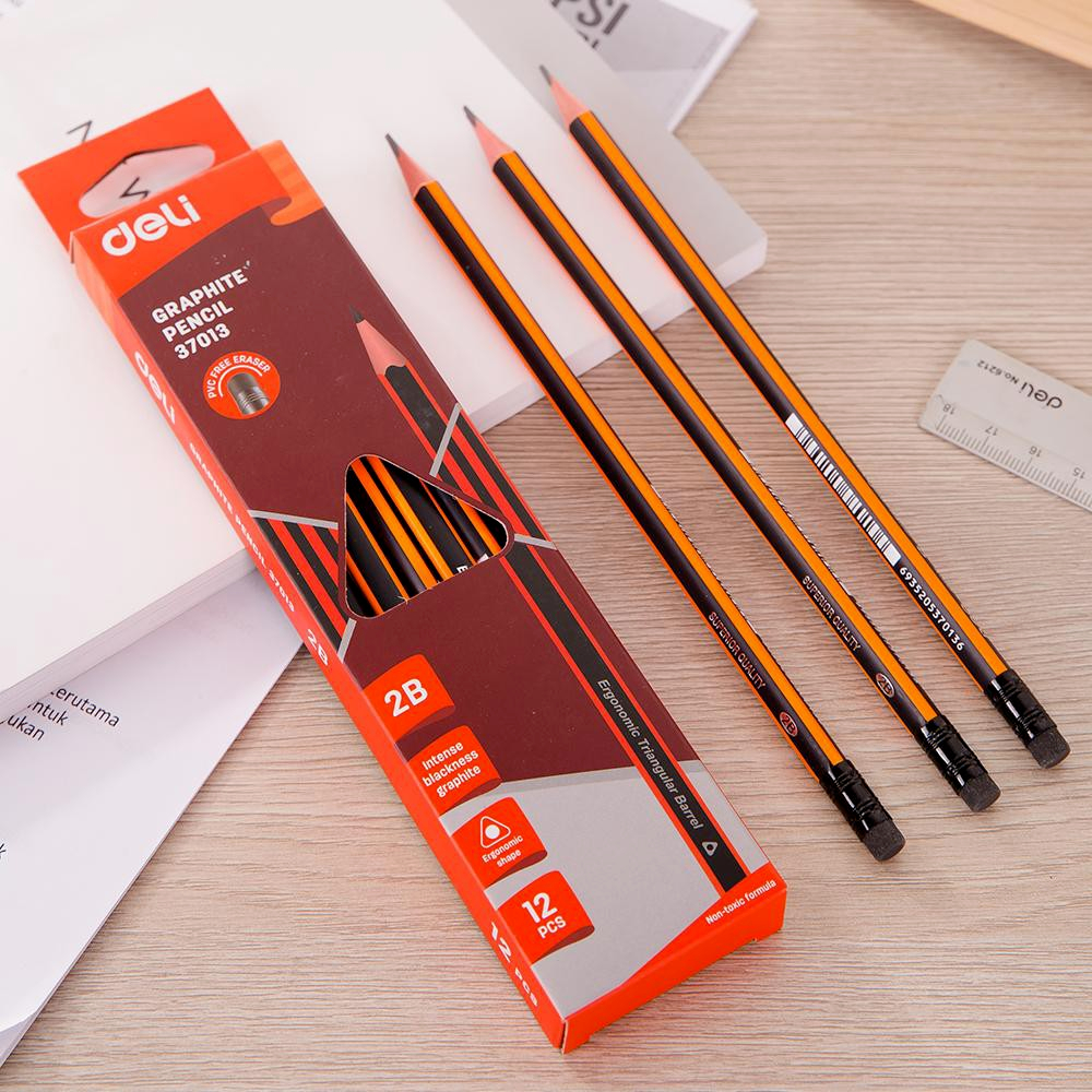 Hộp 12 chiếc Bút chì tam giác 2B có tẩy  deli 37013/ 37015