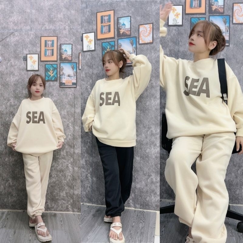 Sét Bộ Nỉ Quần Joker Trơn Thụng + Kèm Áo Nỉ Thu Đông Cổ Tròn Màu Be Chữ SEA