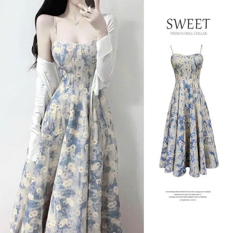 Set đầm váy hai dây bo eo chất lụa hoạ tiết tranh sơn dầu loang kèm áo khoác thun gân mỏng kiểu tiểu thư vintage M2-74