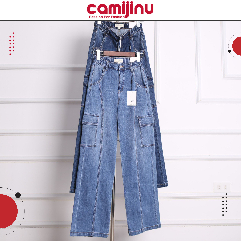 Quần Jeans Nữ Suông GânTúi Hộp, Dáng Dài Màu Xanh Nhạt - Thương Hiệu Camijinu
