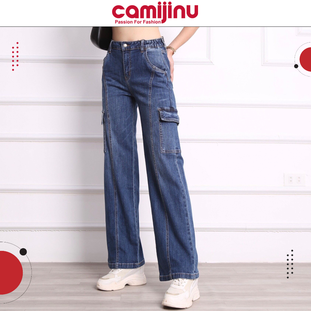 Quần Jeans Nữ Suông GânTúi Hộp, Dáng Dài Màu Xanh Nhạt - Thương Hiệu Camijinu