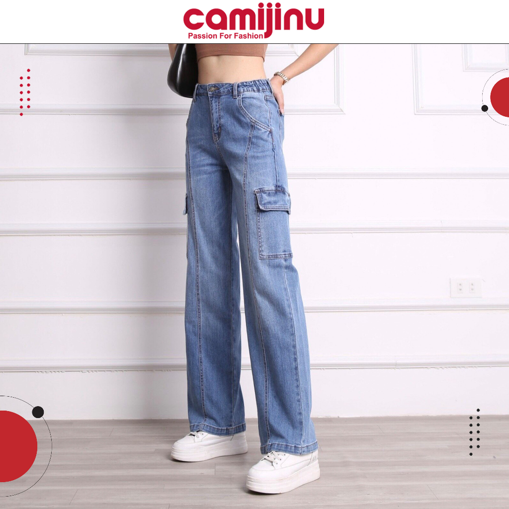 Quần Jeans Nữ Suông GânTúi Hộp, Dáng Dài Màu Xanh Nhạt - Thương Hiệu Camijinu