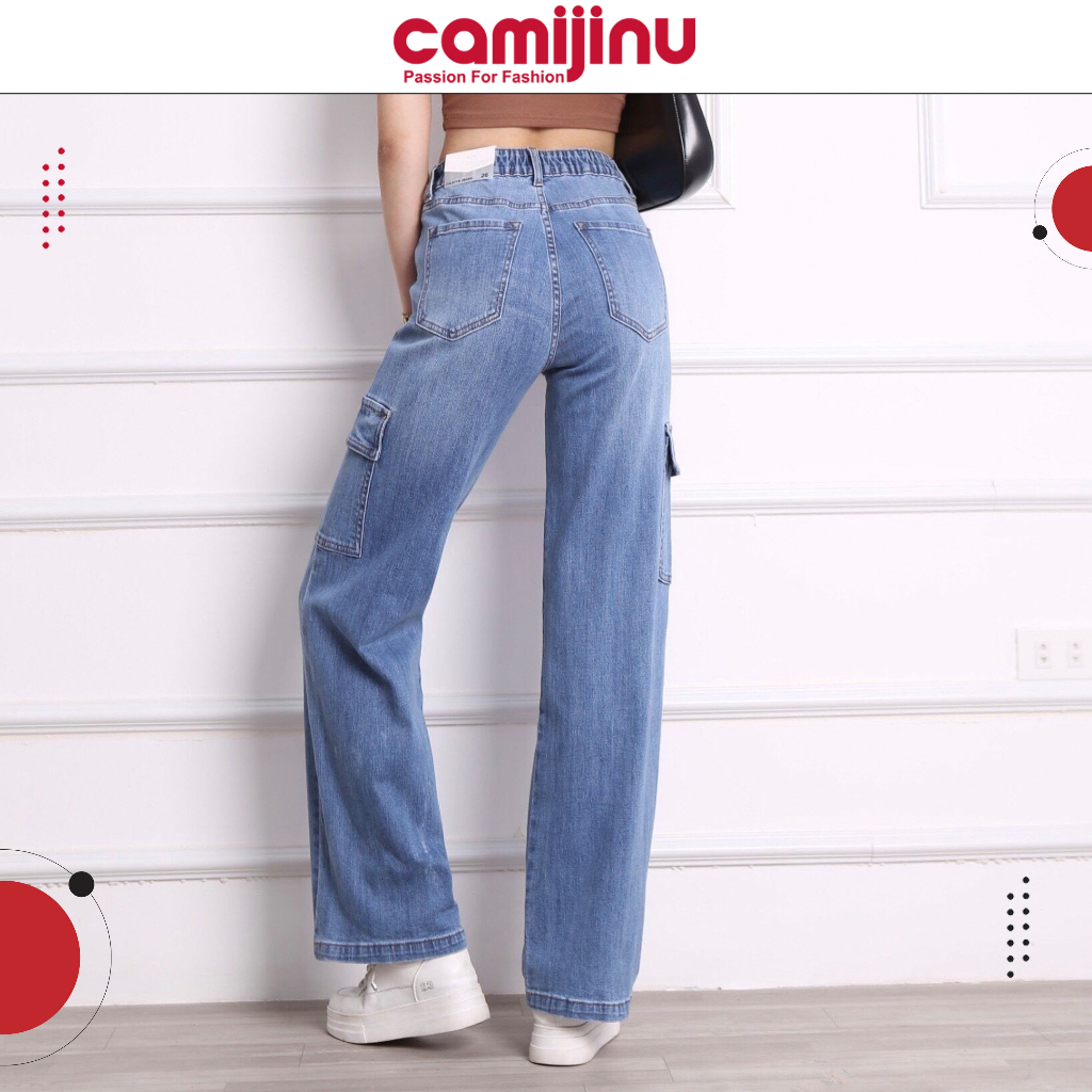 Quần Jeans Nữ Suông GânTúi Hộp, Dáng Dài Màu Xanh Nhạt - Thương Hiệu Camijinu