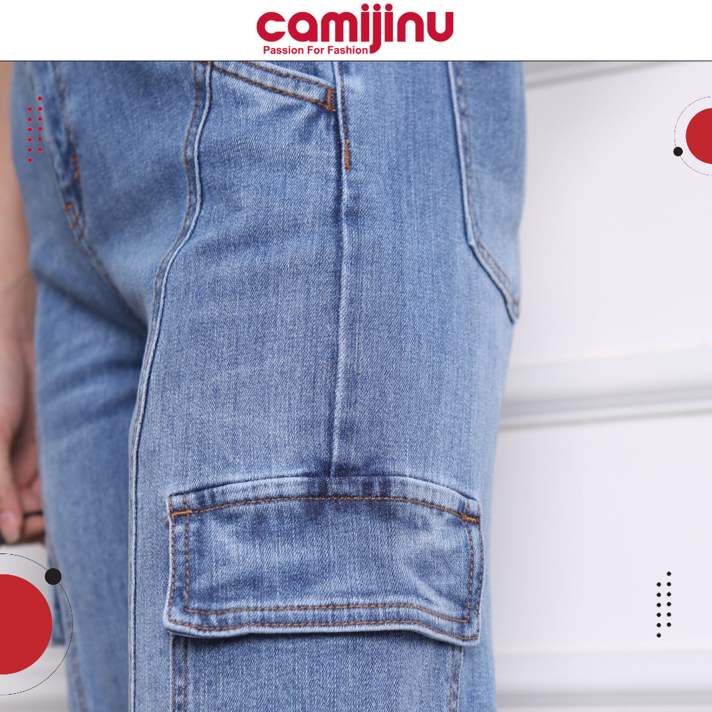 Quần Jeans Nữ Suông GânTúi Hộp, Dáng Dài Màu Xanh Nhạt - Thương Hiệu Camijinu