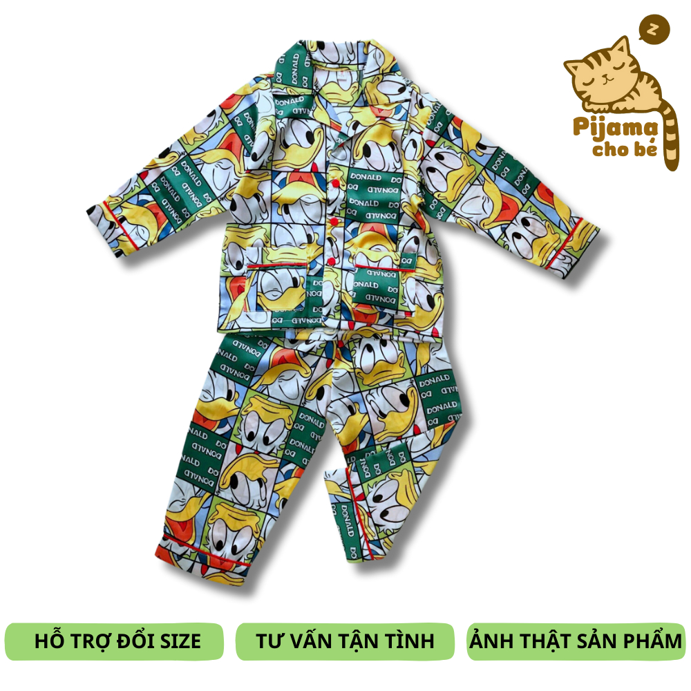 Bộ đồ Pijama ngủ cho bé traia bé gái vải Lụa Satin mềm đẹp Nhiều mẫu Hoạt hình vui nhộn size 10-40kg cho bé 1-9 tuổi