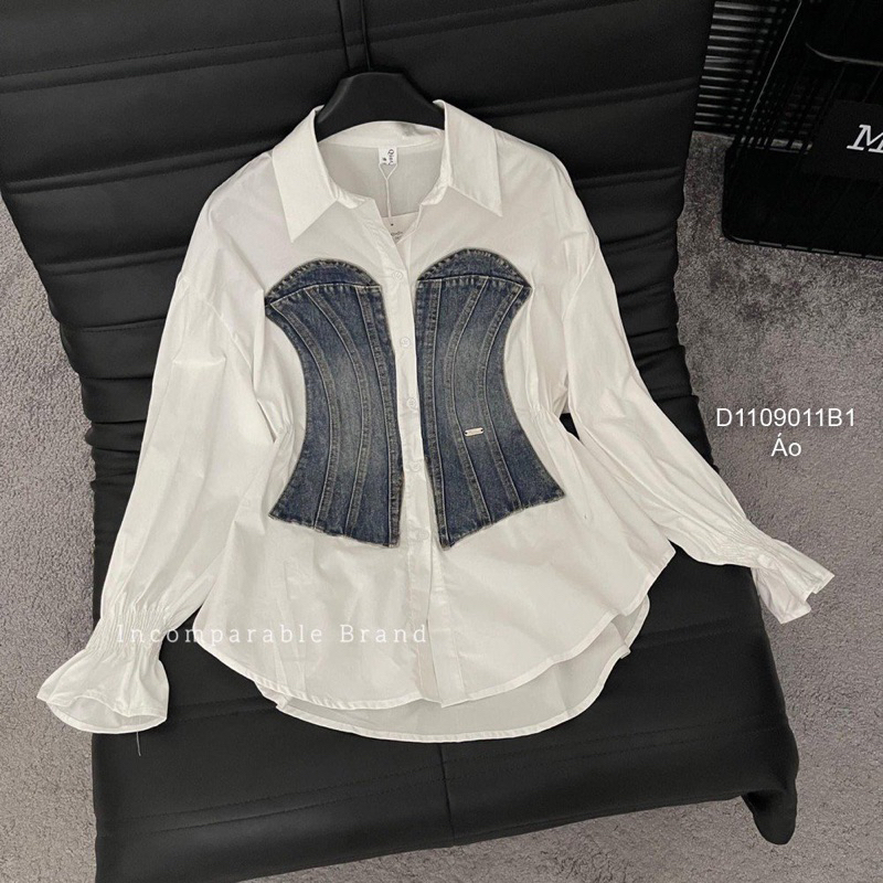 Áo sơ mi trắng tay dài phối jean hình áo sang trọng VIENS STORE