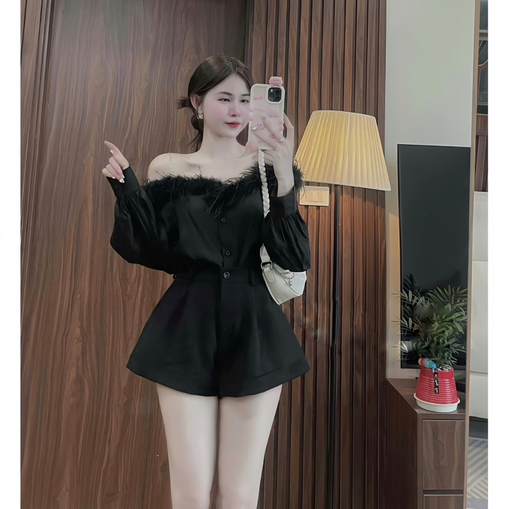 Áo Sơ Mi Trễ Vai Phối Lông Vai Bánh Bèo, Áo Kiểu Sơ Mi