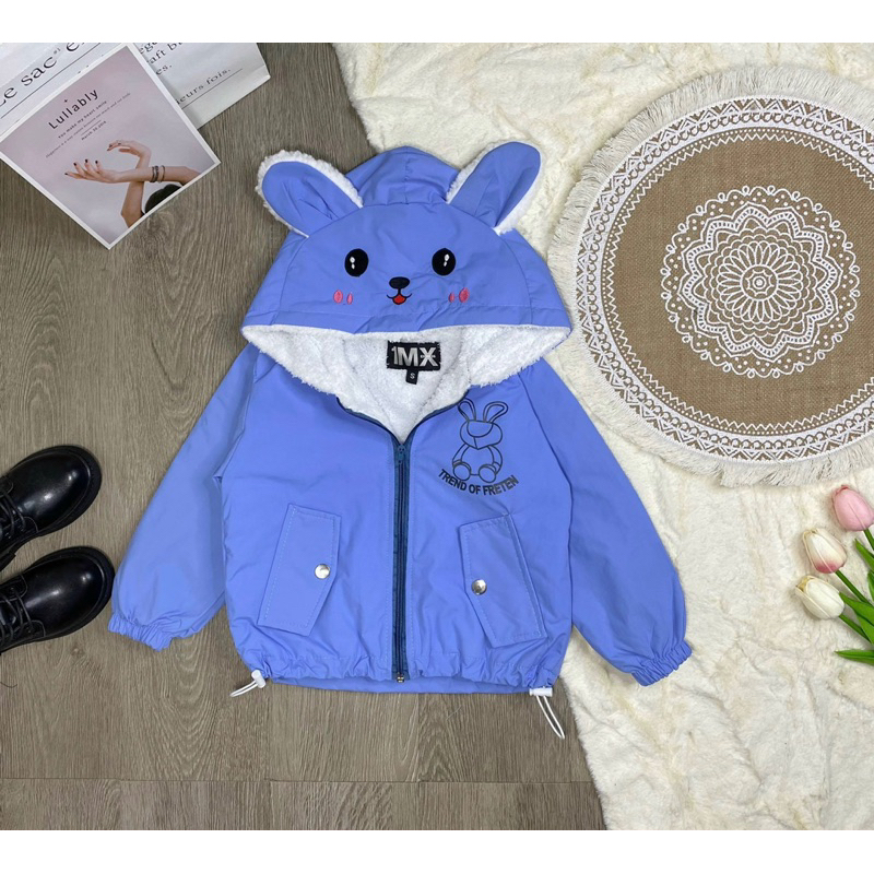 Áo gió 2 lớp lót lông thêu mặt thỏ dễ thương cho bé