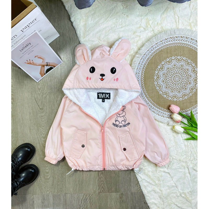 Áo gió 2 lớp lót lông thêu mặt thỏ dễ thương cho bé