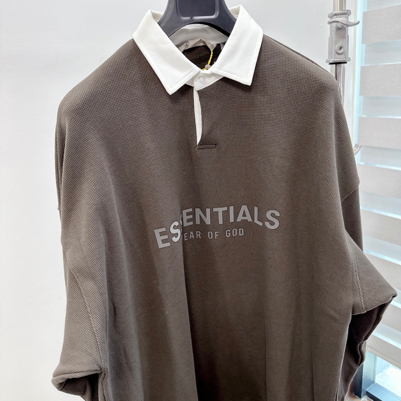 ⚡️ - Áo Thun FOG Fear Of God ESSENTIALS Waffle Henley Rugby Long Sleeve Polo, Áo polo LS ESSENTIALS