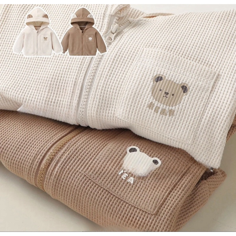 Áo khoác cho bé, áo khoác nhẹ chất tổ ong dày dặn mũ thêu đắp tai gấu cho bé trai và bé gái