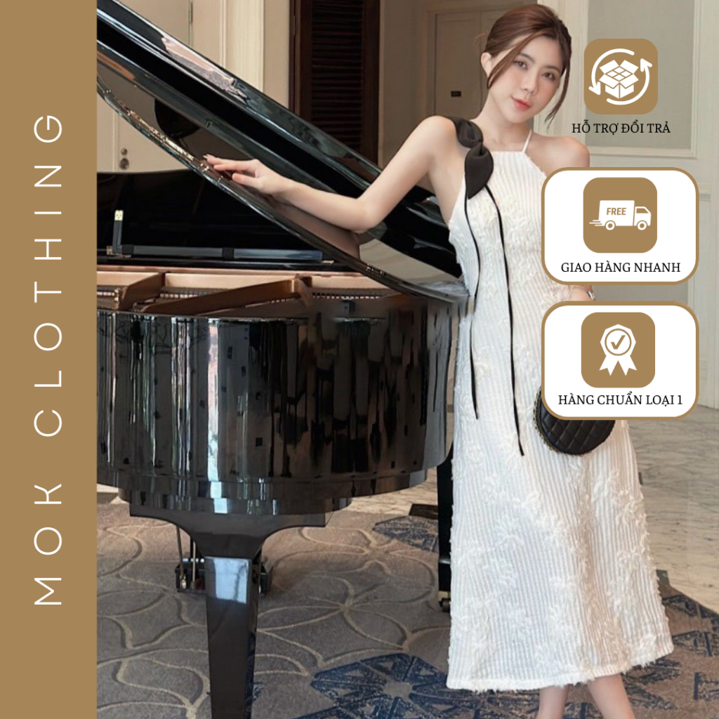 Đầm váy nữ cổ yếm buộc nơ vai dáng ôm dài xòe nhẹ thiết kế tiểu thư sang chảnh nhẹ nhàng cá tính siêu sang