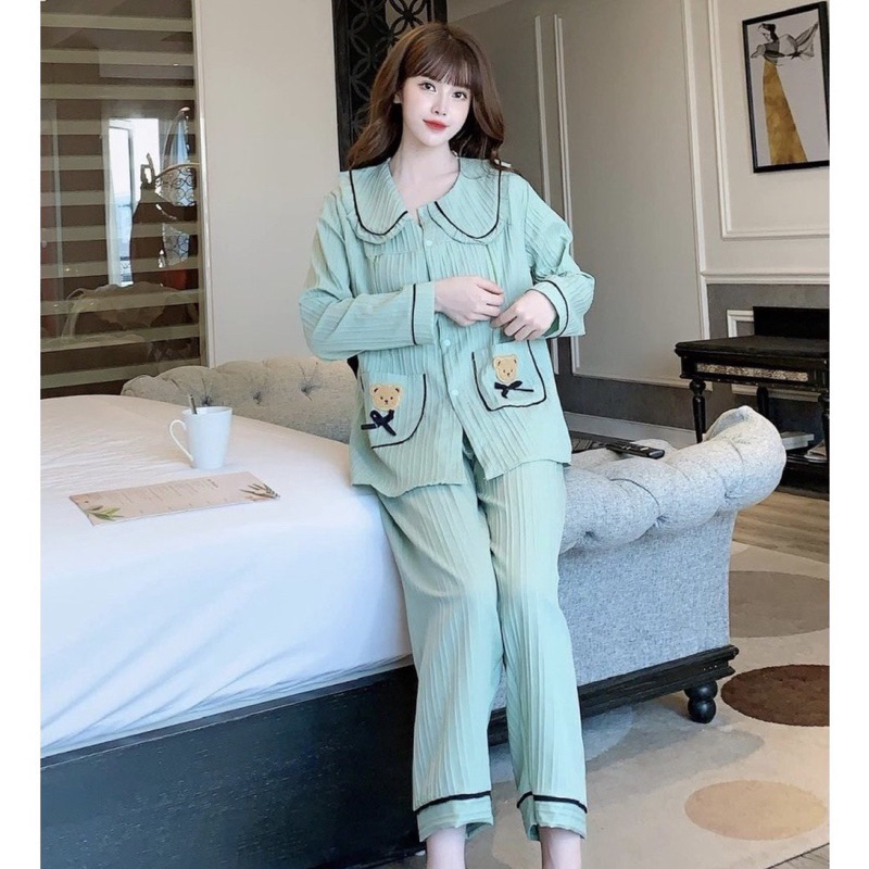 Bộ bầu dài tay mặc nhà kết hợp sau sinh hình gấu