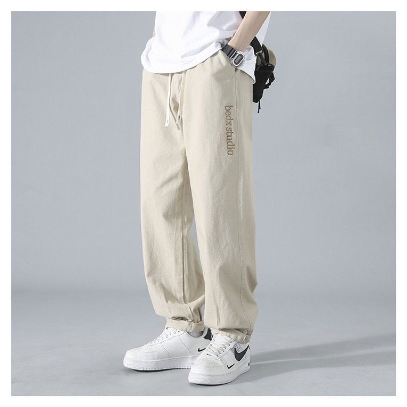 Quần kaki nam logo thêu, quần kaki nam eo chun nam
