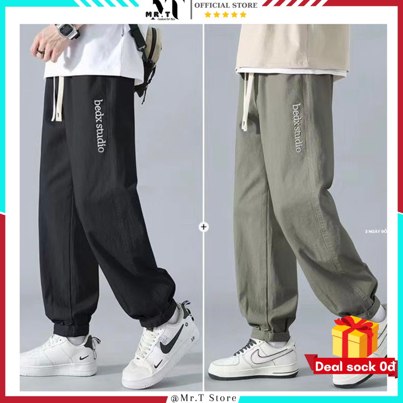 Quần kaki nam logo thêu, quần kaki nam eo chun nam