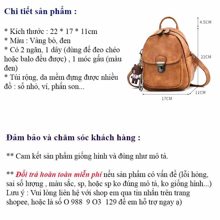 Balo da nữ - Balo mini thời trang tặng kèm gấu kiêm túi xách đeo vai đeo chéo cá tính