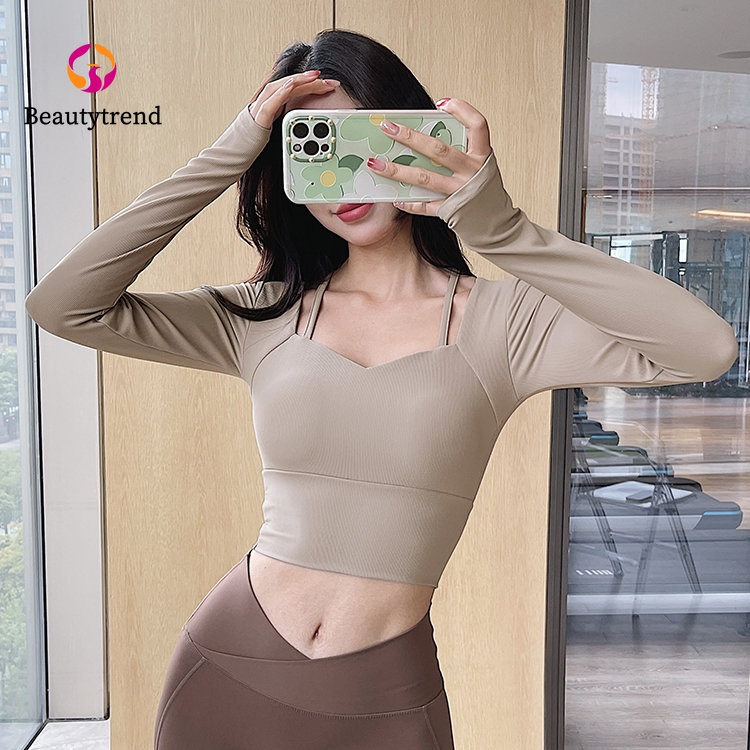 Áo Thun Croptop Ôm Body Dài Tay Cổ Dây Thể Thao Nữ Tập Gym Yoga Có Mút Thoáng Mát - đồ tập gym nữ GY021