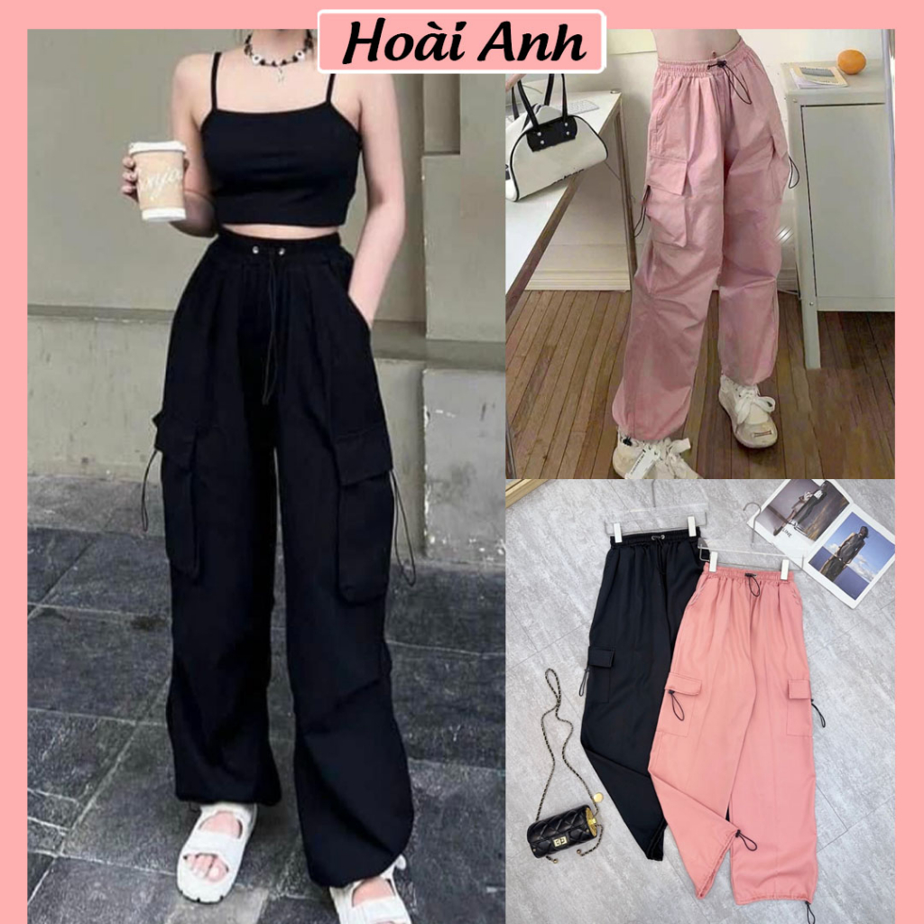 Quần Nữ Thụng Túi Hộp Ống Rộng Dây Rút Gấu Quần Kaki Chéo Hàn Dáng Dài Freesize