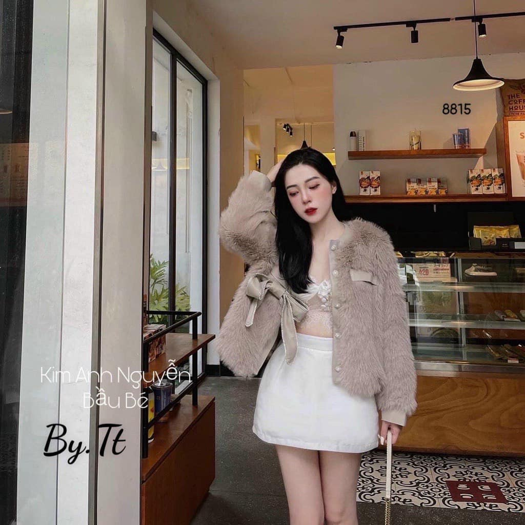 Áo khoác len lông cúc ngọc nơ da 3 trần trám L1