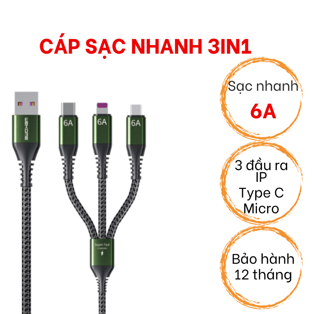 Cáp Sạc 3 Đầu Wekome WDC-170 Dây Dù 1.2M