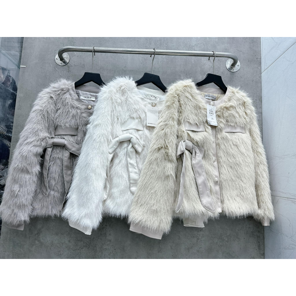 Áo khoác len lông cúc ngọc nơ da 3 trần trám L1