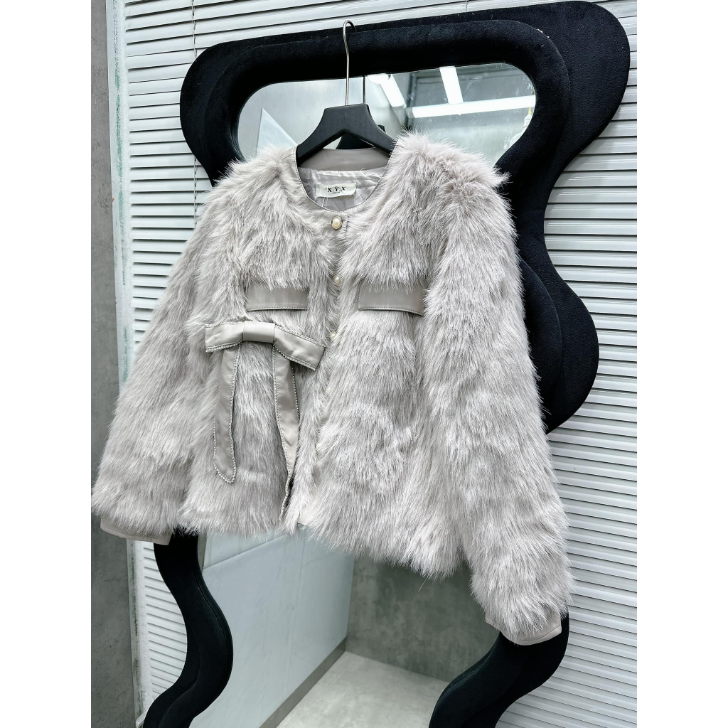 Áo khoác len lông cúc ngọc nơ da 3 trần trám L1