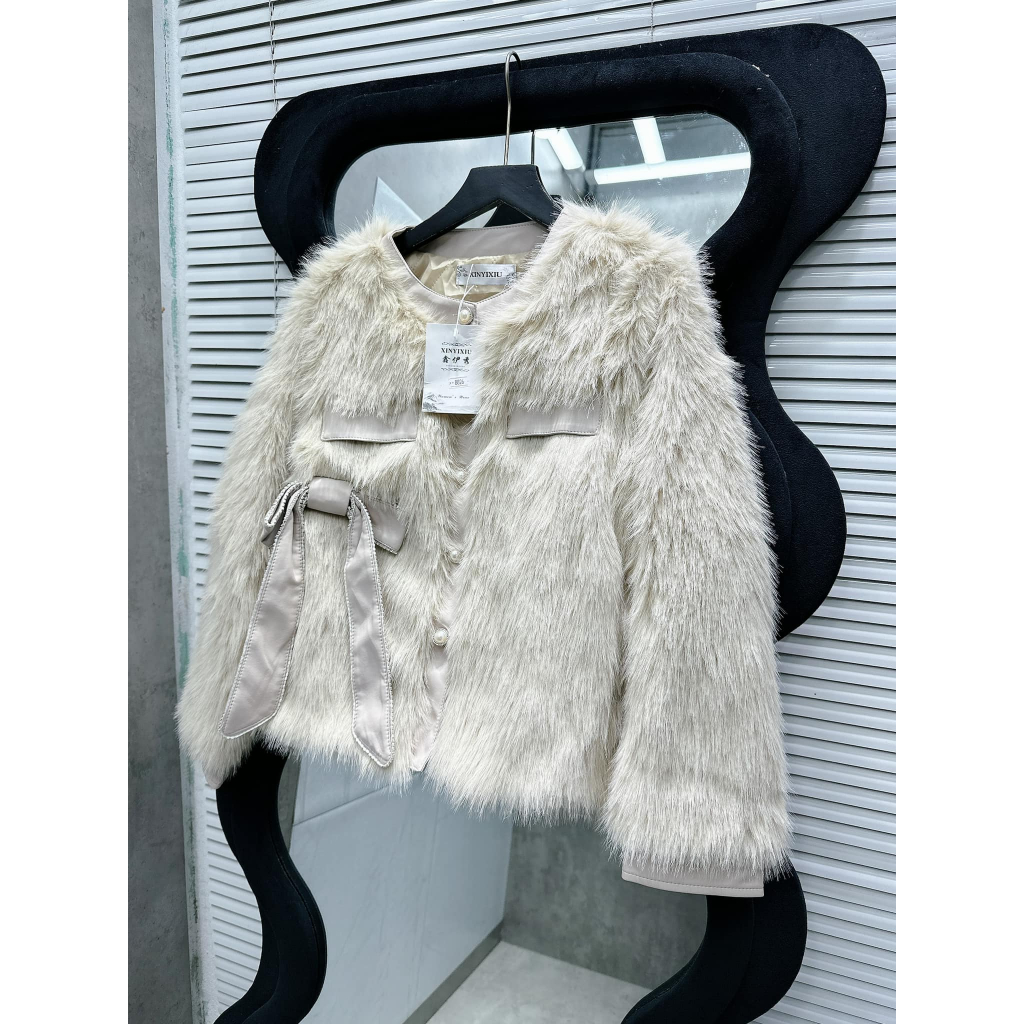 Áo khoác len lông cúc ngọc nơ da 3 trần trám L1