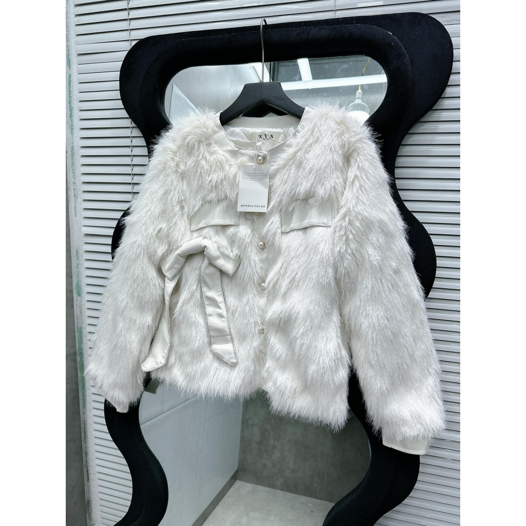 Áo khoác len lông cúc ngọc nơ da 3 trần trám L1