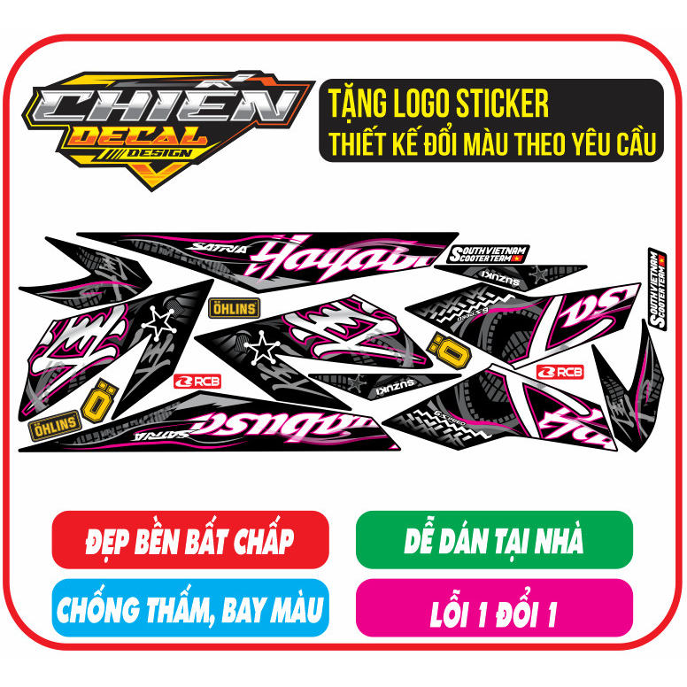 Tem rời xe satria - raider F150 mẫu tem chế hayabusa màu đen chỉ hồng