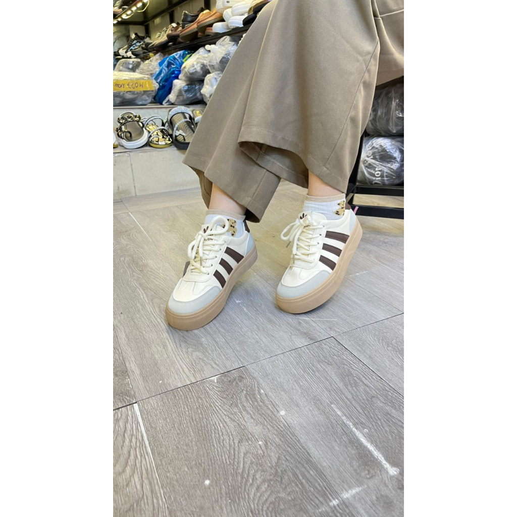 Thể thao sneaker 3 sọc kẻ kem sữa độn đế màu nâu bánh mì 4cm buộc dây Suvn