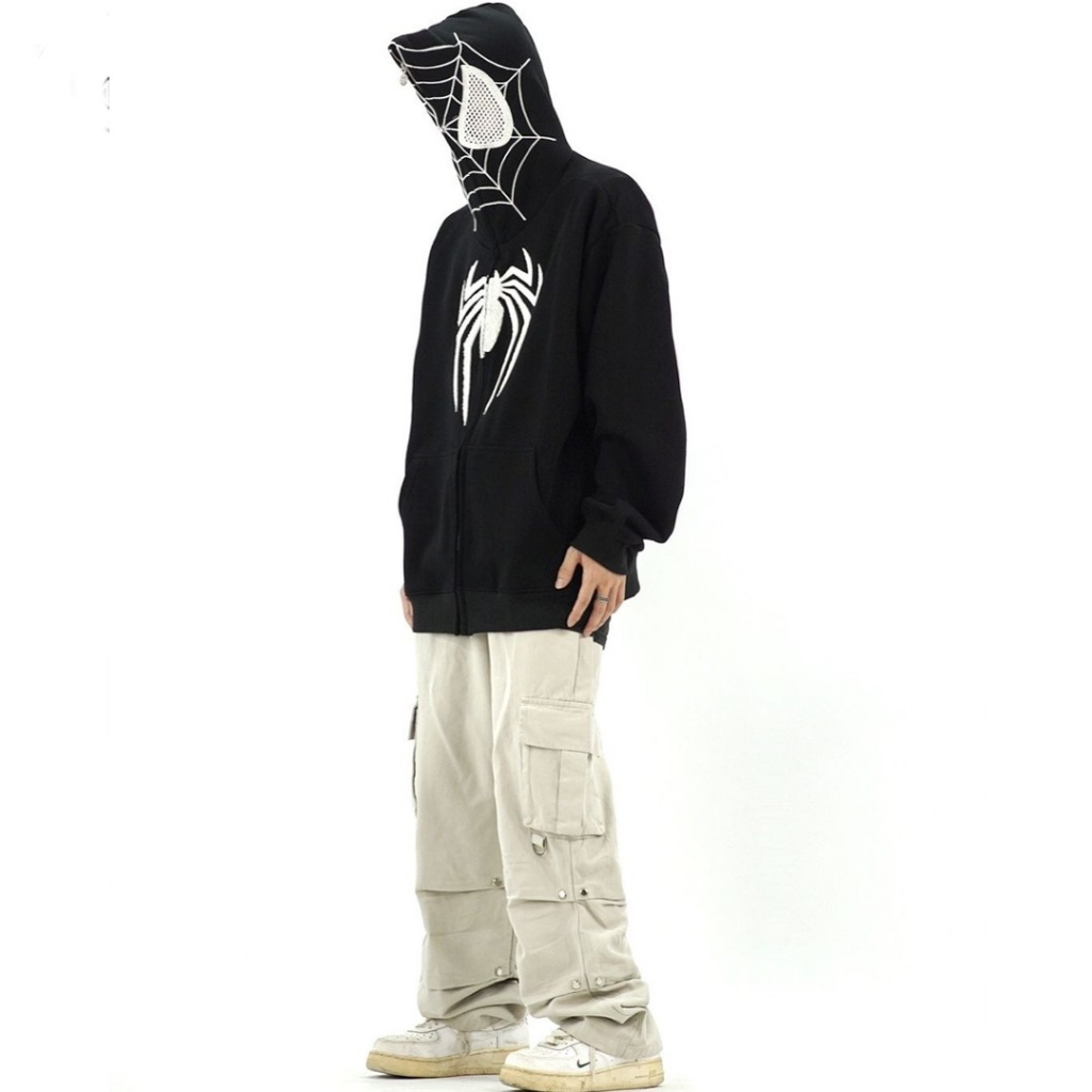 Áo Khoác Hoodie Zip khóa kéo Người Nhện Mũ Trùm 2 lớp Chất Vải Nỉ Cotton hình thêu nhện