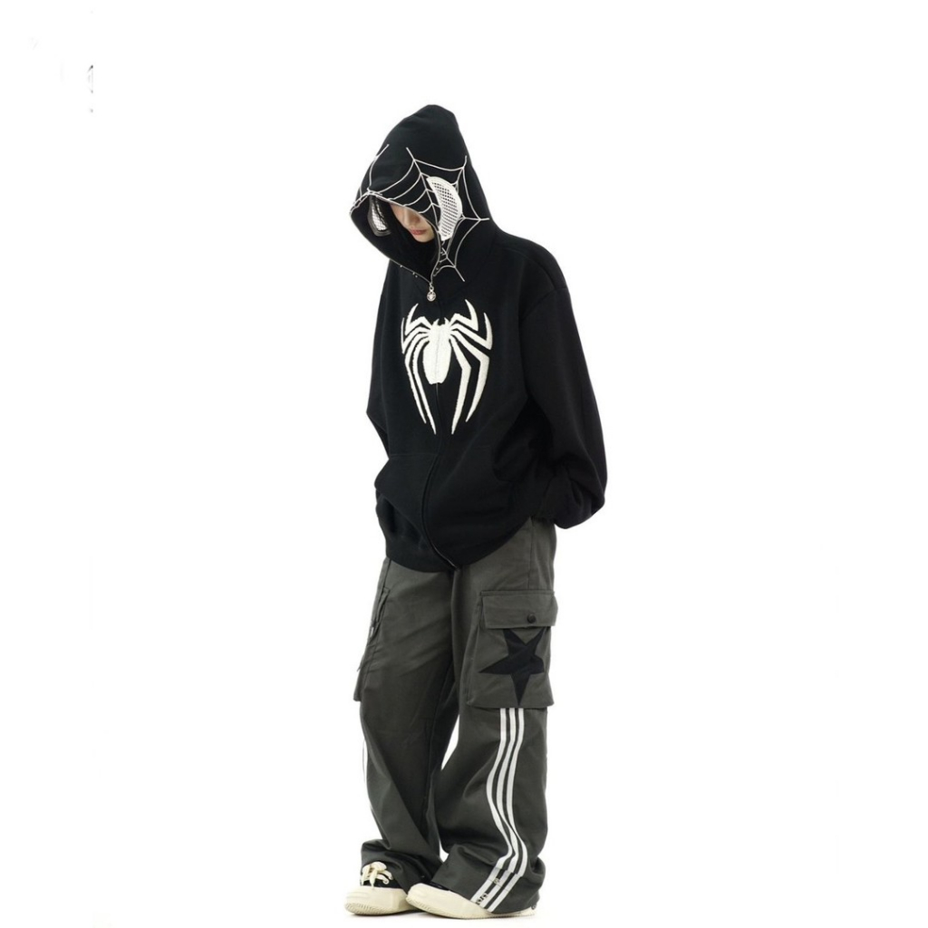 Áo Khoác Hoodie Zip khóa kéo Người Nhện Mũ Trùm 2 lớp Chất Vải Nỉ Cotton hình thêu nhện