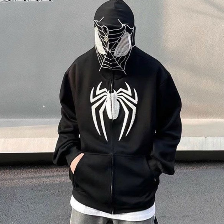 Áo Khoác Hoodie Zip khóa kéo Người Nhện Mũ Trùm 2 lớp Chất Vải Nỉ Cotton hình thêu nhện