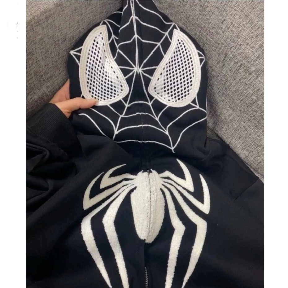 Áo Khoác Hoodie Zip khóa kéo Người Nhện Mũ Trùm 2 lớp Chất Vải Nỉ Cotton hình thêu nhện
