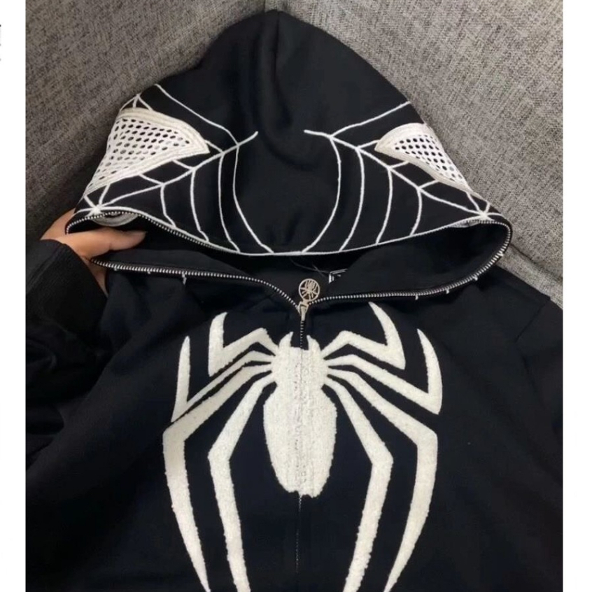 Áo Khoác Hoodie Zip khóa kéo Người Nhện Mũ Trùm 2 lớp Chất Vải Nỉ Cotton hình thêu nhện