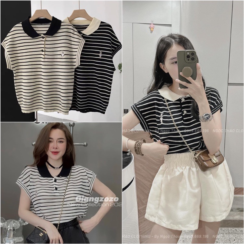 Áo Len Tay Hến Kẻ Ngang Thêu Hình Thỏ Cổ Sen Áo Thun Nữ Phối Cổ Freesize