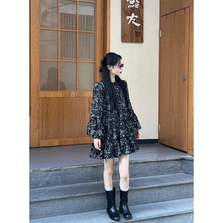  Đầm hoa nhí dài tay dáng xoè- Váy hoa đen Kimi Dress 