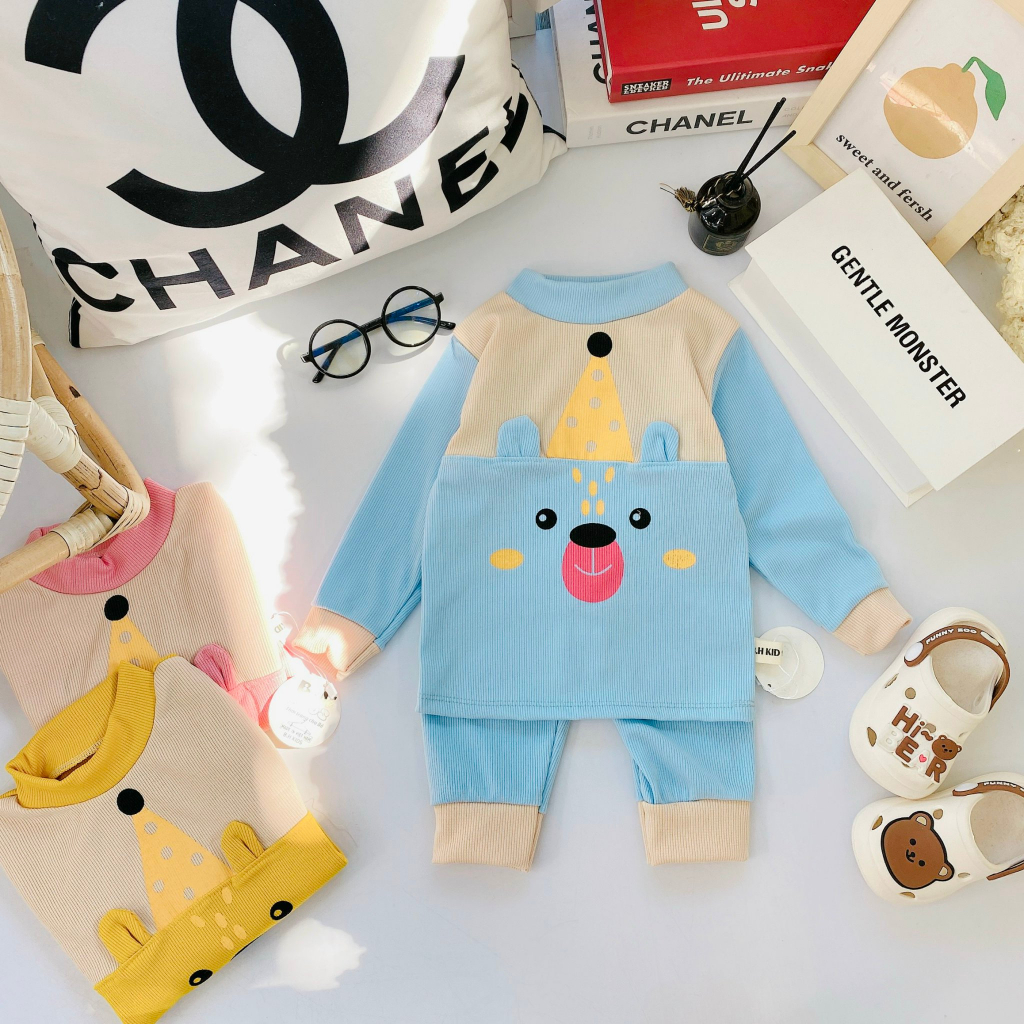 Bộ quần áo thu đông dài tay, chất thun tăm, in hình ngộ nghĩnh có tai, cho bé trai, bé gái – BD04