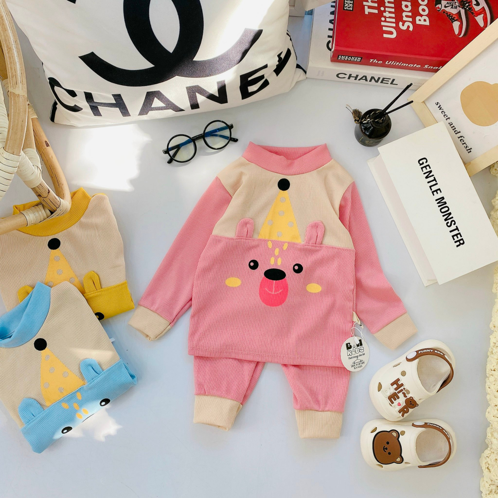 Bộ quần áo thu đông dài tay, chất thun tăm, in hình ngộ nghĩnh có tai, cho bé trai, bé gái – BD04