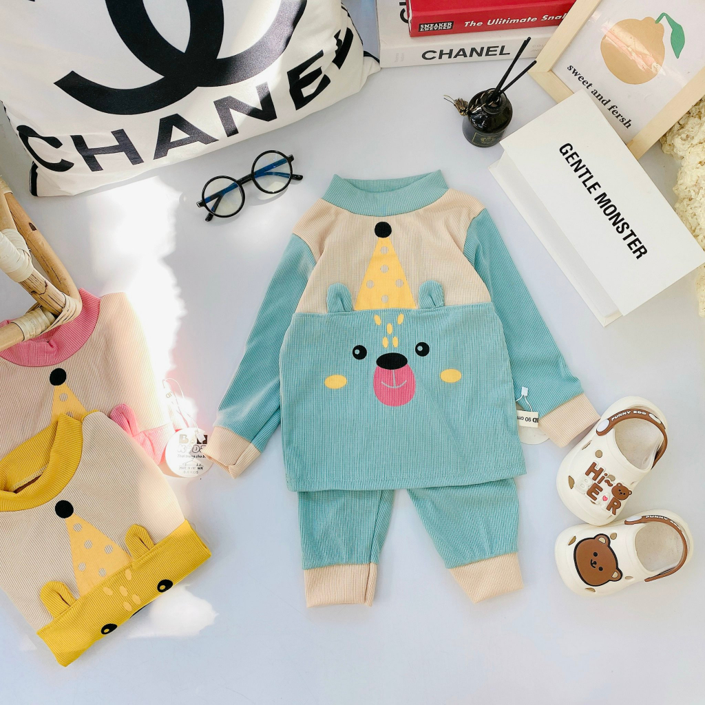 Bộ quần áo thu đông dài tay, chất thun tăm, in hình ngộ nghĩnh có tai, cho bé trai, bé gái – BD04