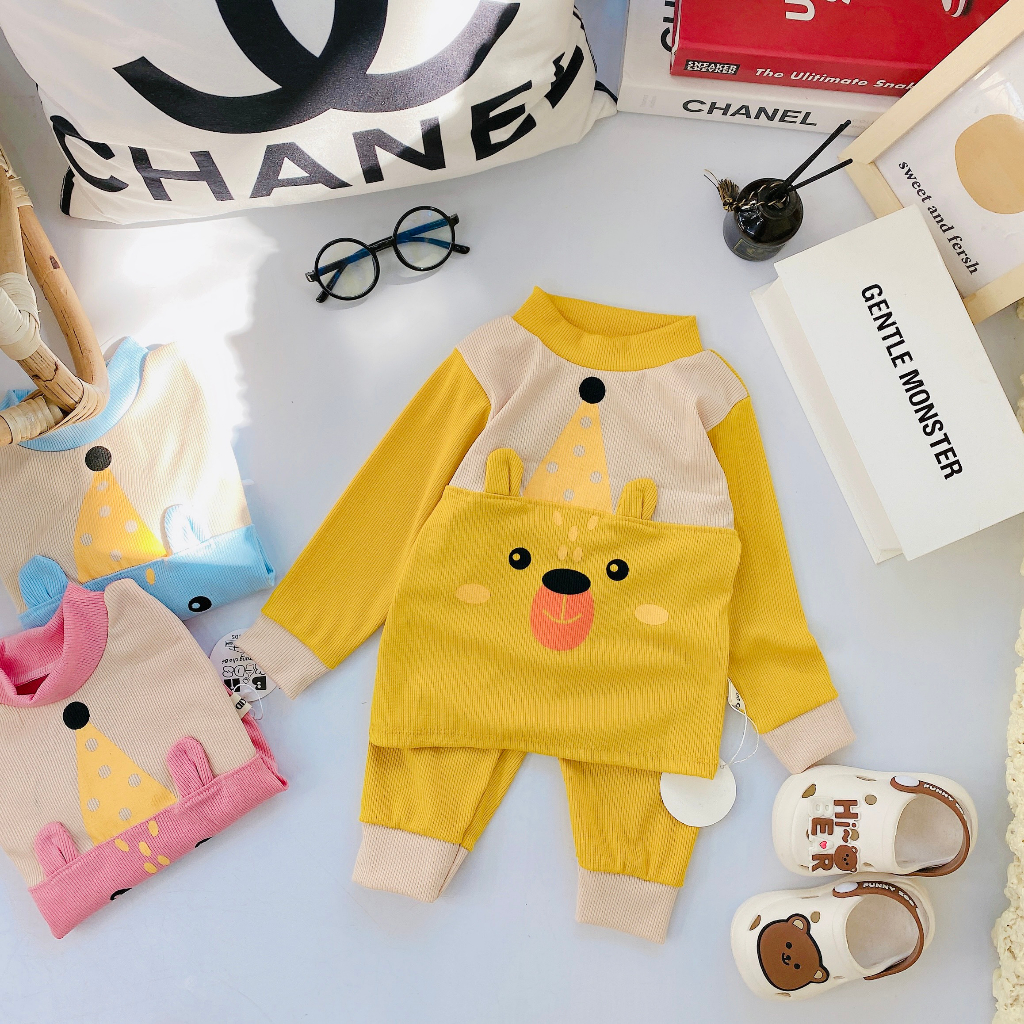 Bộ quần áo thu đông dài tay, chất thun tăm, in hình ngộ nghĩnh có tai, cho bé trai, bé gái – BD04