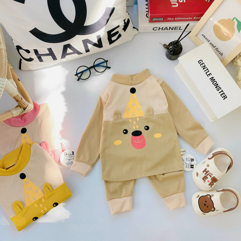 Bộ quần áo thu đông dài tay, chất thun tăm, in hình ngộ nghĩnh có tai, cho bé trai, bé gái – BD04