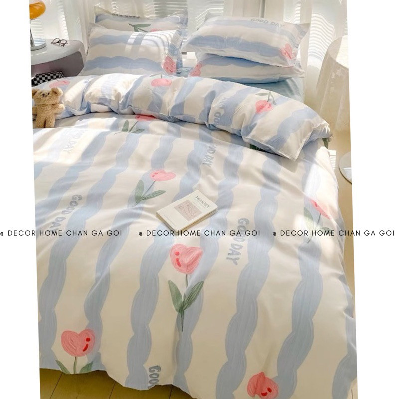 Bộ chăn ga Poly nhập khẩu chần bông mẫu Hoa Tuylip Xanh Decor Home