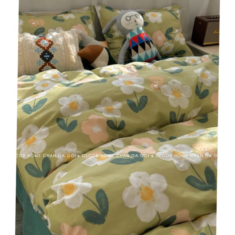 Bộ chăn ga gối Cotton Poly Nhập Khẩu chần bông dày mẫu Gấu Hoa Xanh