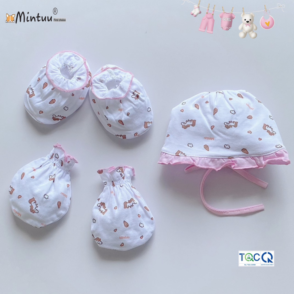 Set nón bèo cột dây - tay chân cuốn biên in bông cho bé gái, thương hiệu Mintuu, chất liệu vải 100% cotton