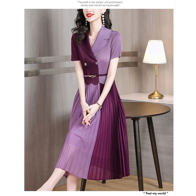 Đầm dập ly cổ vest phối màu cao cấp