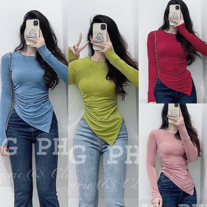 Áo Thun Cổ Tròn Nhũ Tay Dài Vạt Xéo Nhọn Croptop