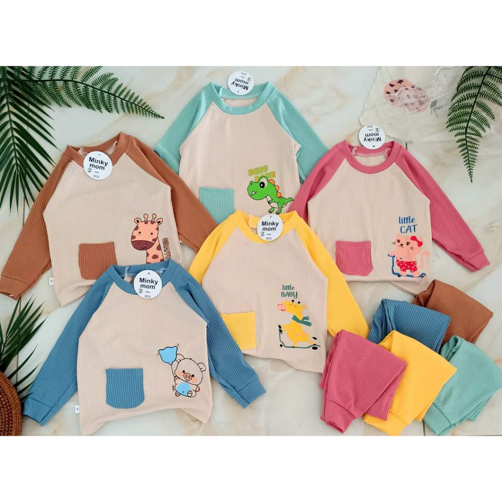 Bộ len tăm cho bé túi thật in hình thú Minkeymom, Bộ thu đông cho bé trai bé gái